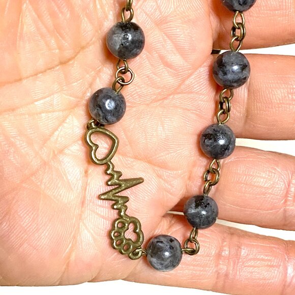 Natural Dark Larvikite Necklace, Bronze Paw Print Heart Beat + Genuine Gemstone - Picture 14 of 14